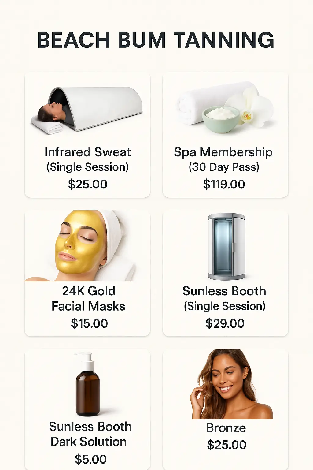 Beach Bum Tanning Menu Prices