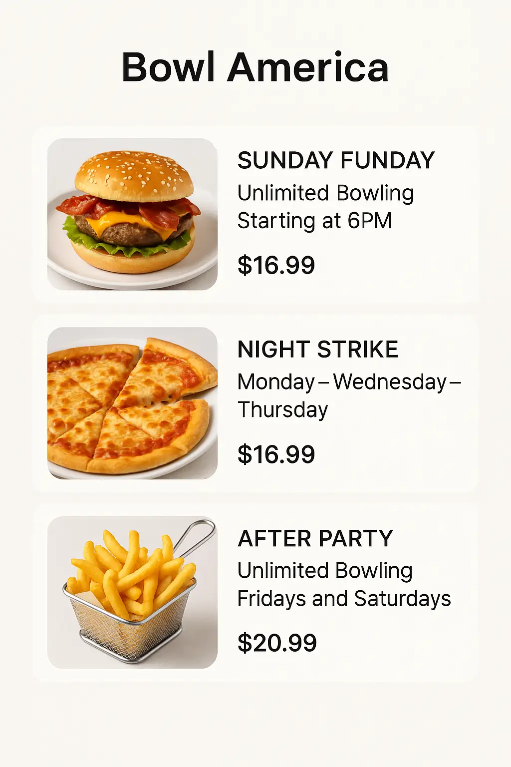 Bowl America Menu Prices