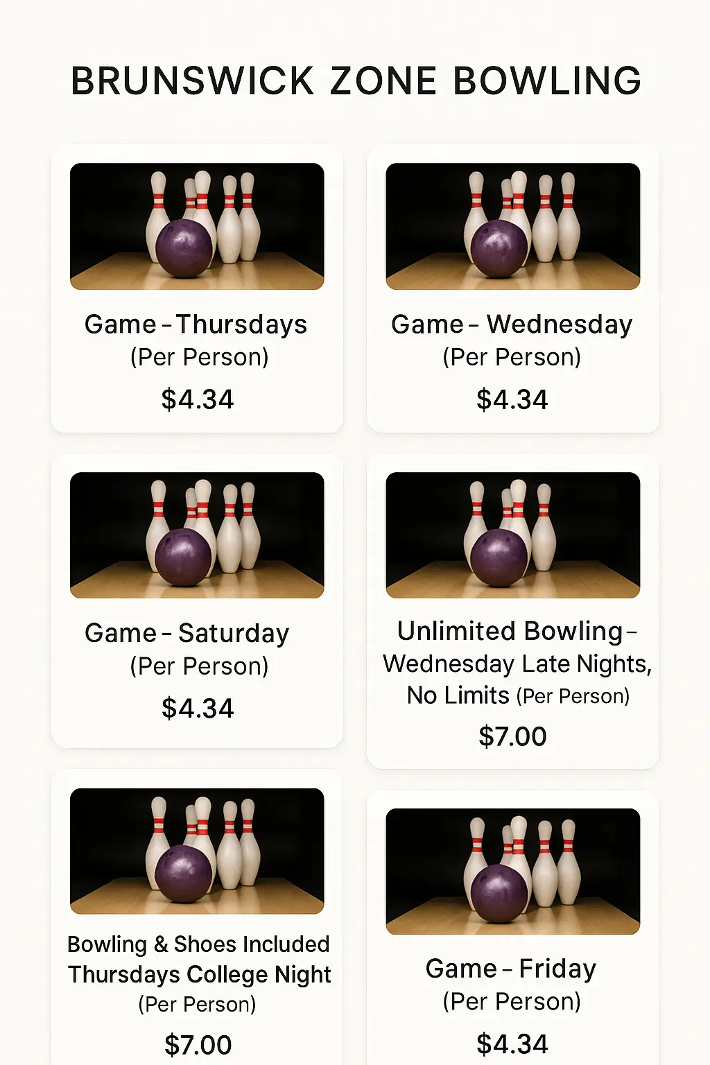 Brunswick Zone Bowling Menu Prices