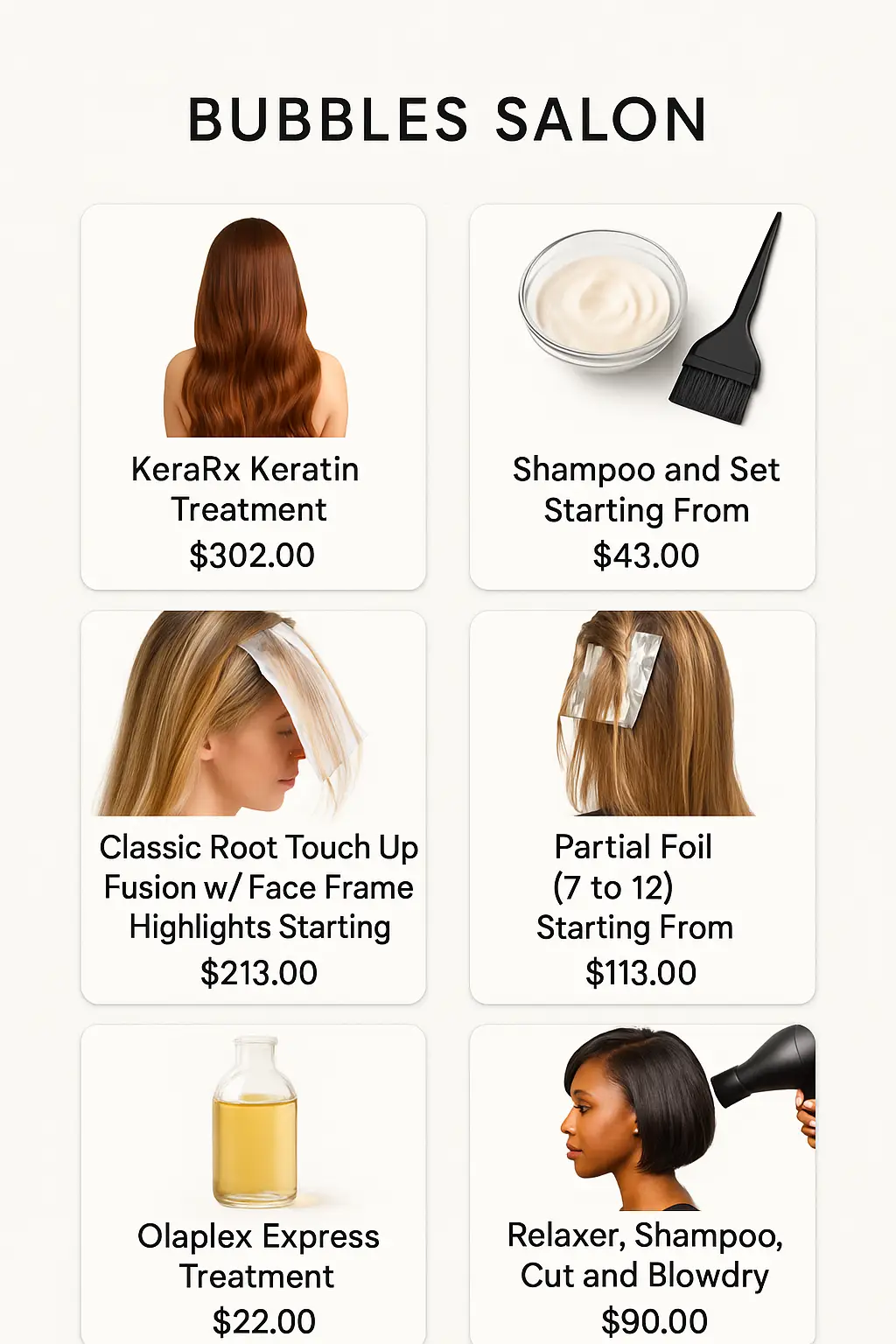 Bubbles Salon Menu Prices