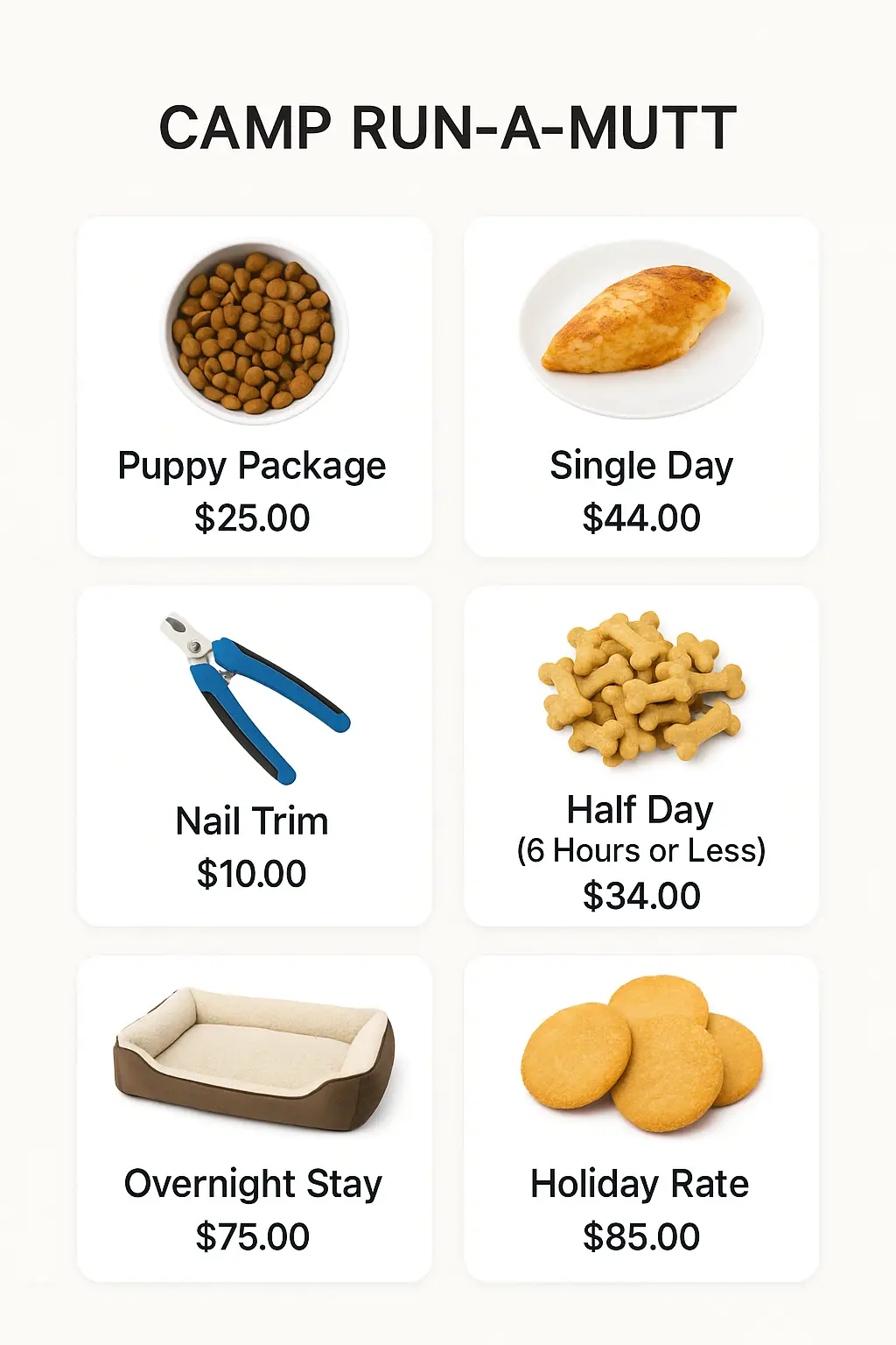 Camp Run-a-Mutt Menu Prices
