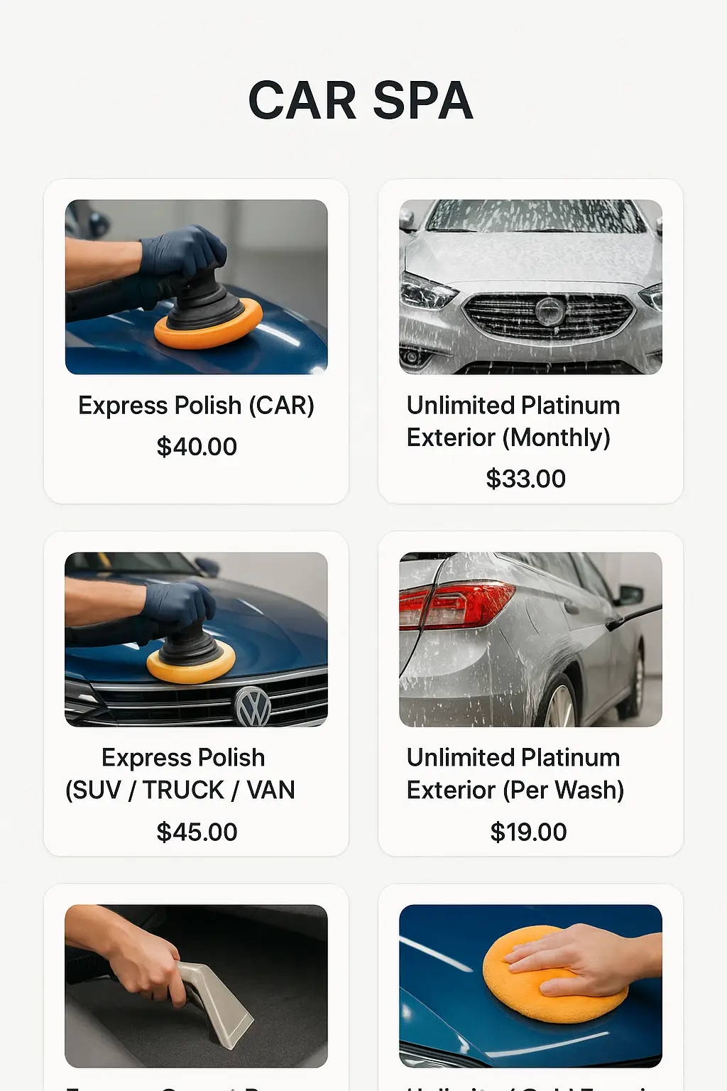 Car Spa Menu Prices