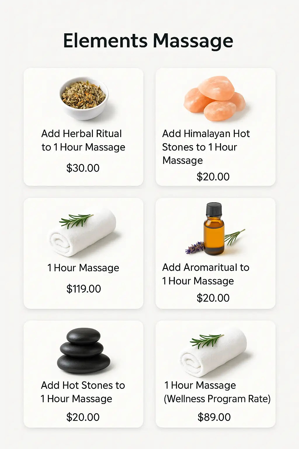 Elements Massage Menu Prices