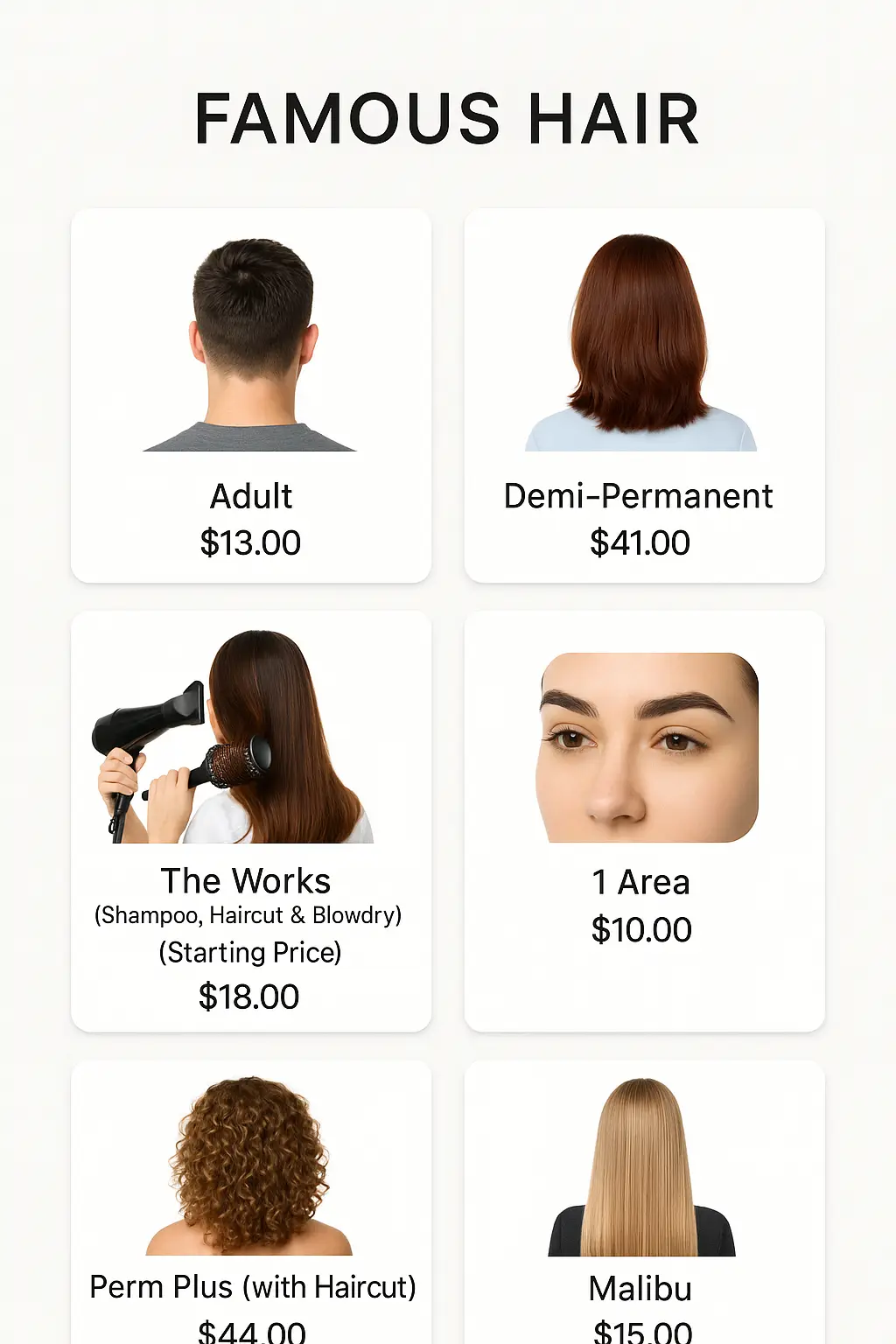 Famous Hair Menu Prices