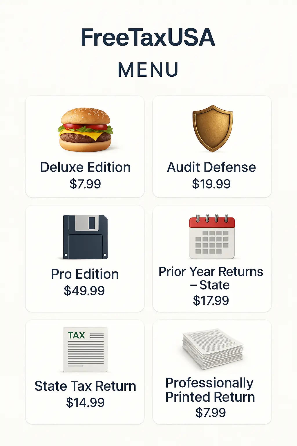 FreeTaxUSA Menu Prices