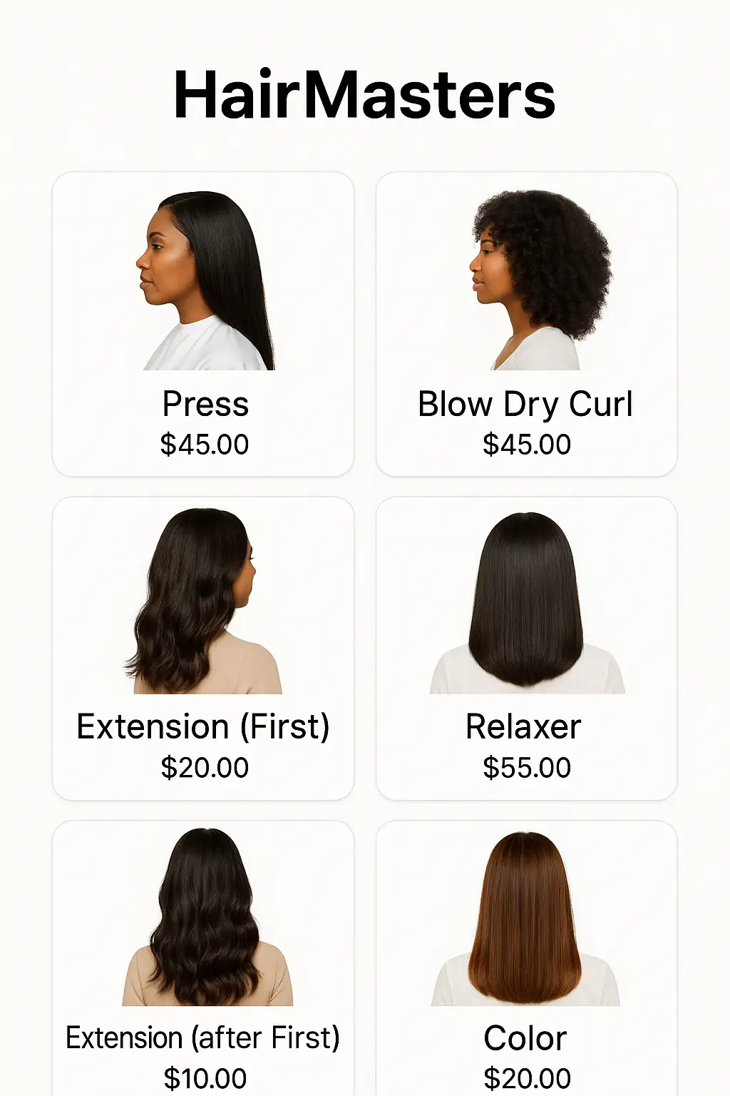 HairMasters Menu Prices