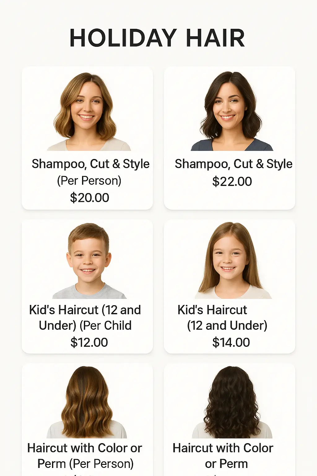 Holiday Hair Menu Prices