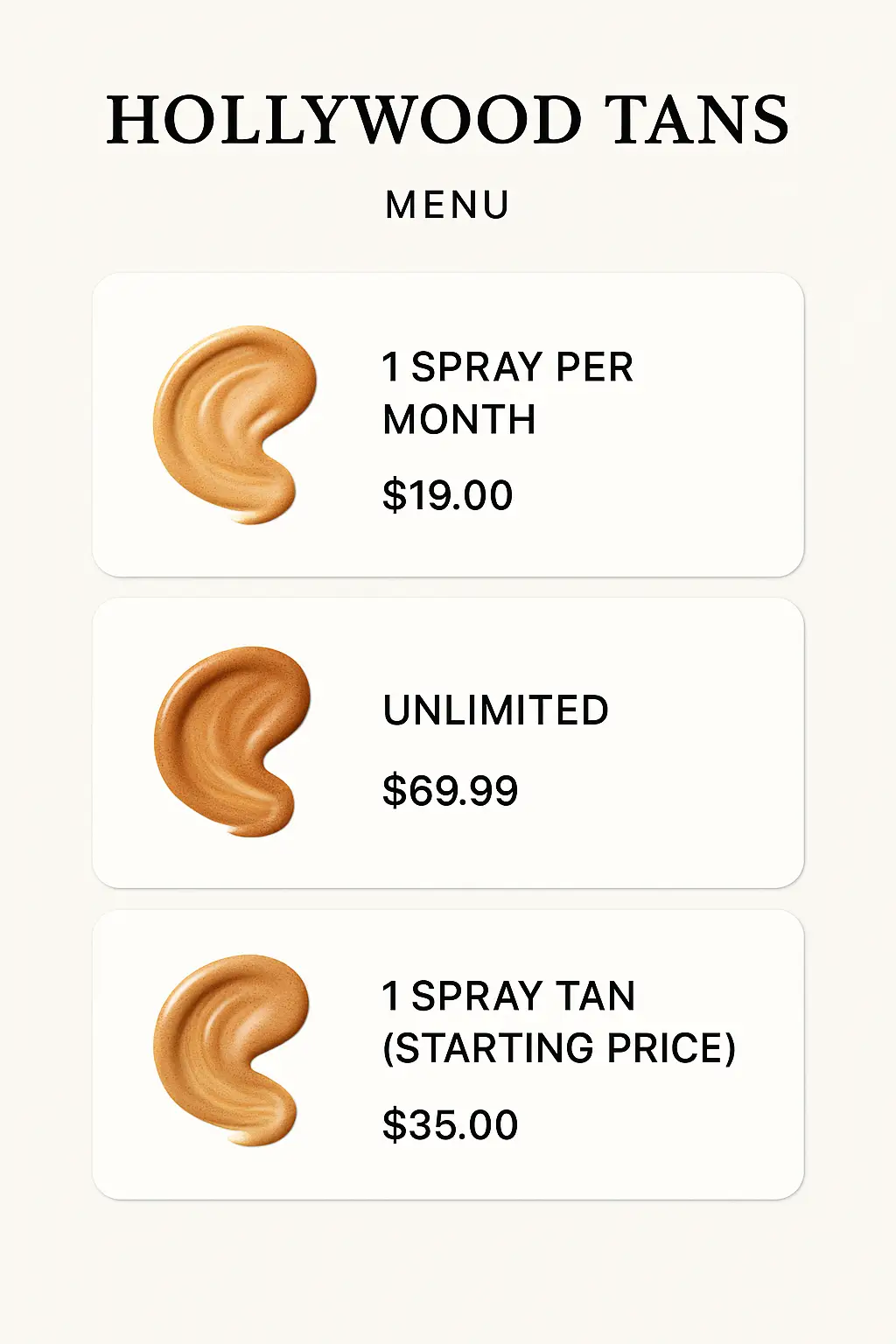 Hollywood Tans Menu Prices