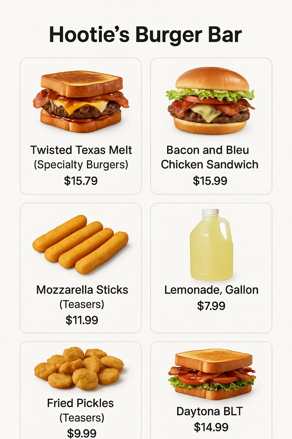 Hootie's Burger Bar Menu Prices