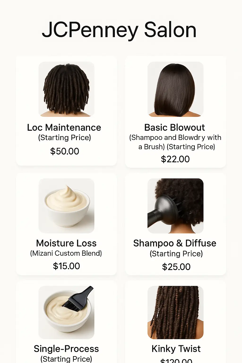 JCPenney Salon Menu Prices