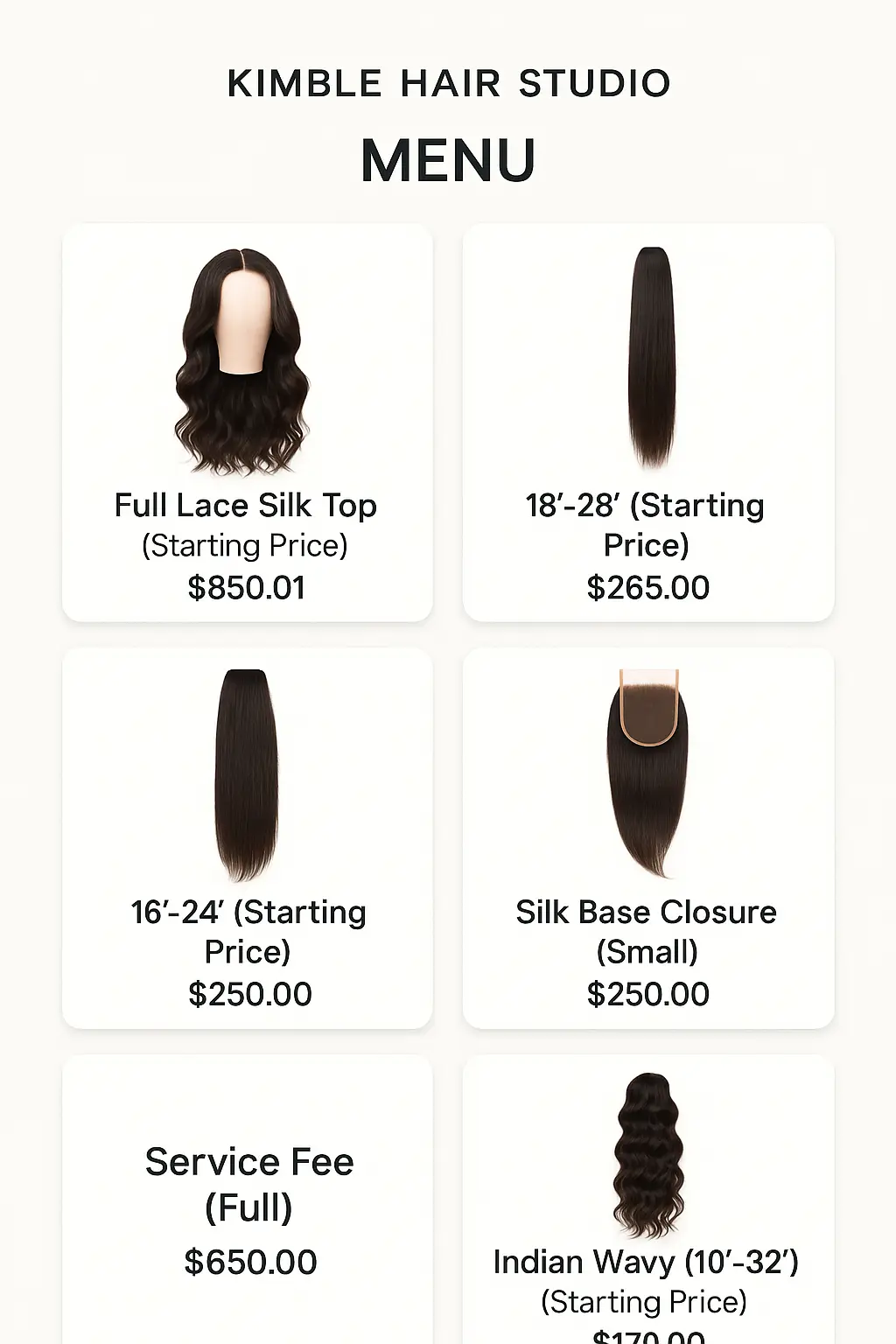 Kimble Hair Studio Menu Prices