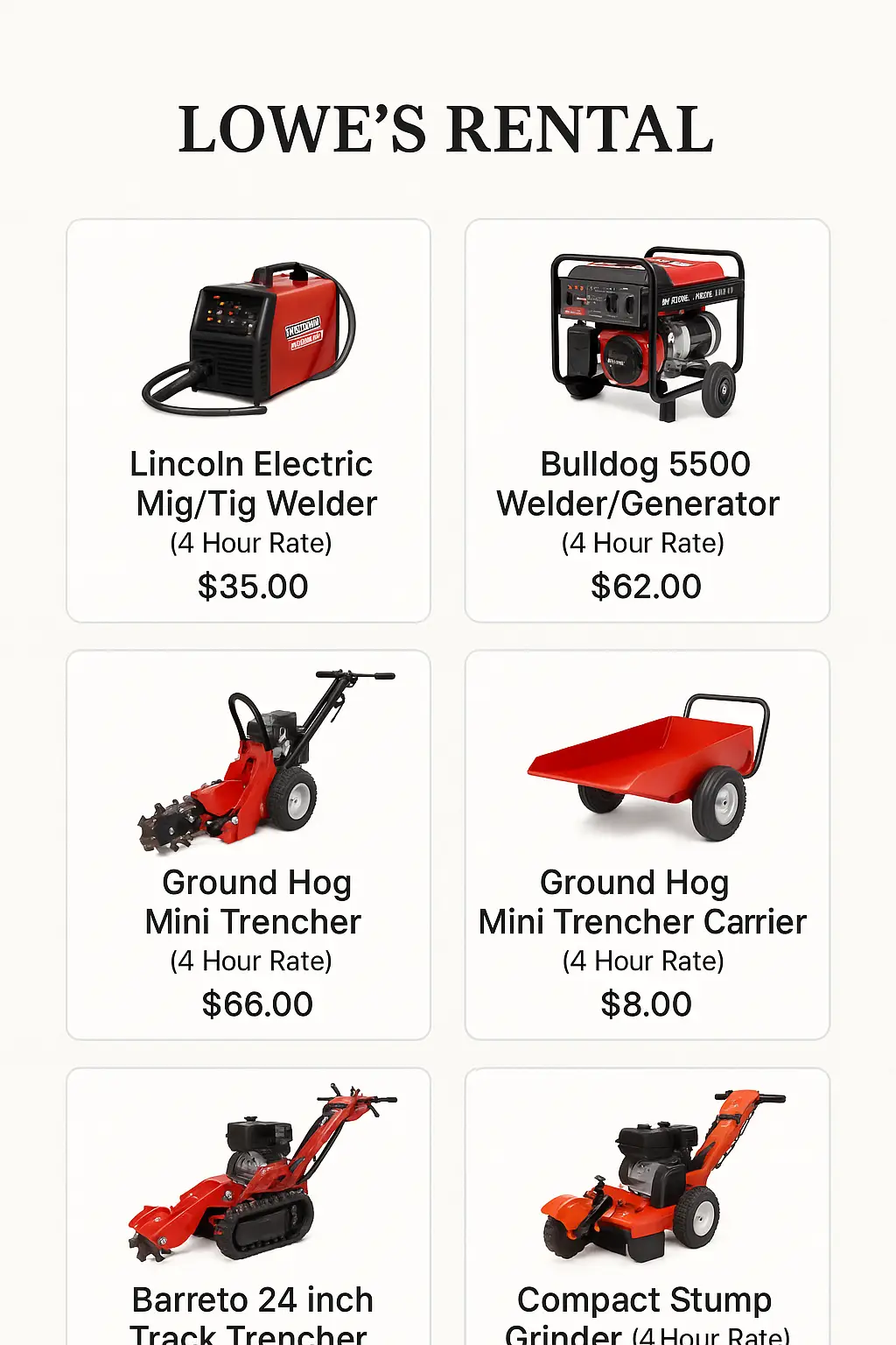 Lowe's Rental Menu Prices