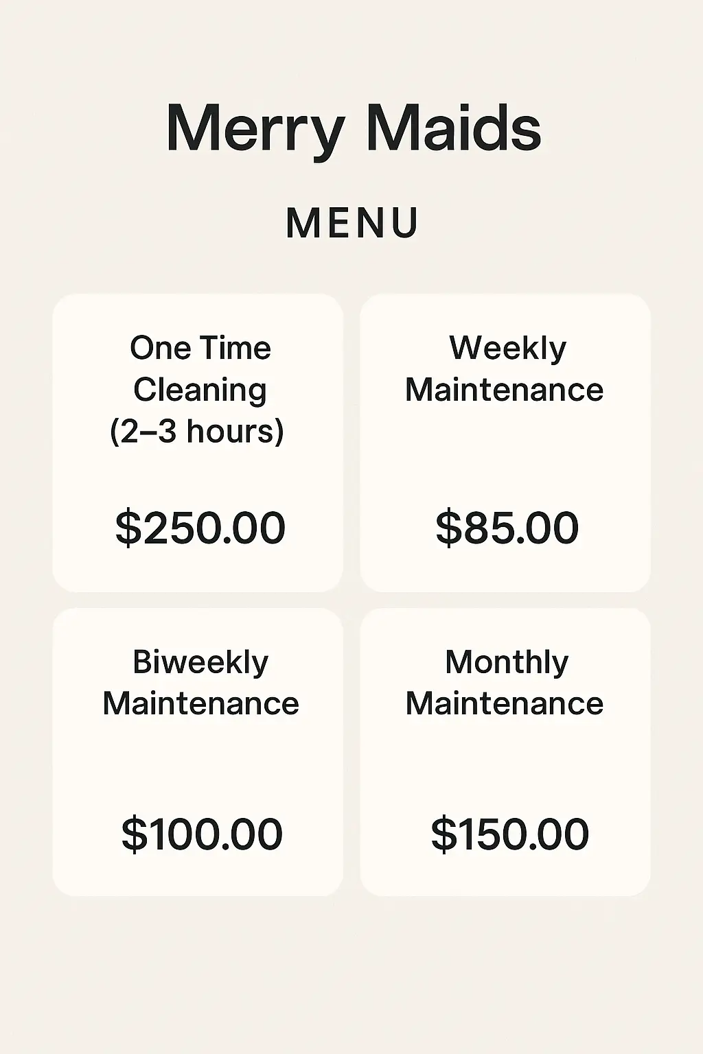Merry Maids Menu Prices
