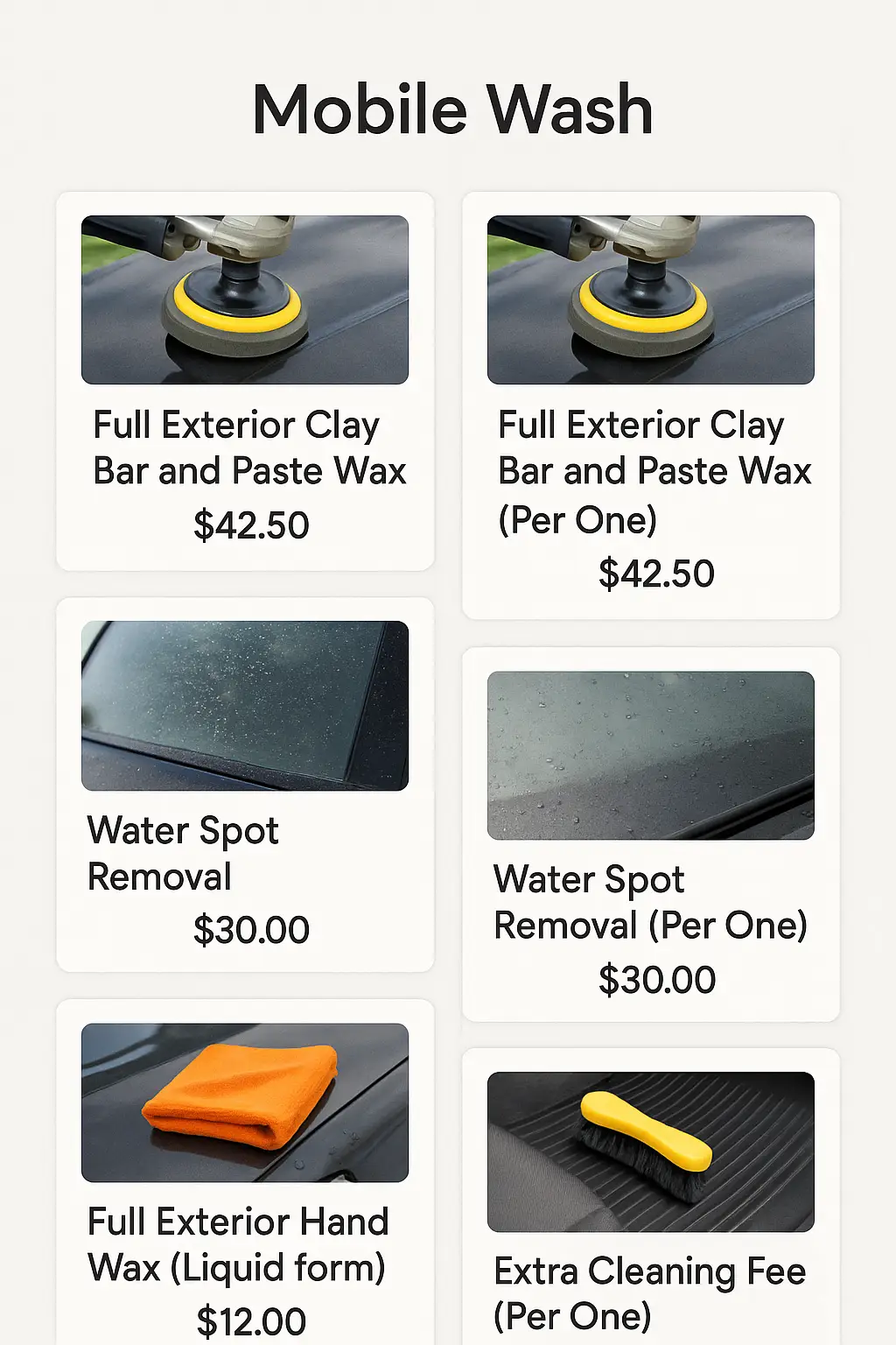 Mobile Wash Menu Prices