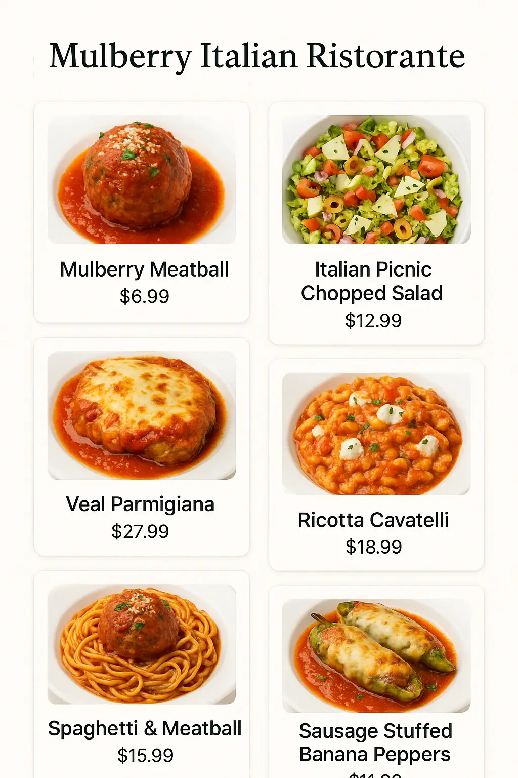 Mulberry Italian Ristorante Menu Prices