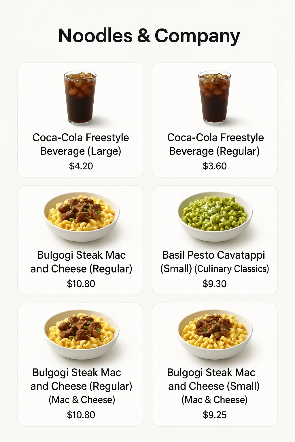 Noodles & Company Menu Prices