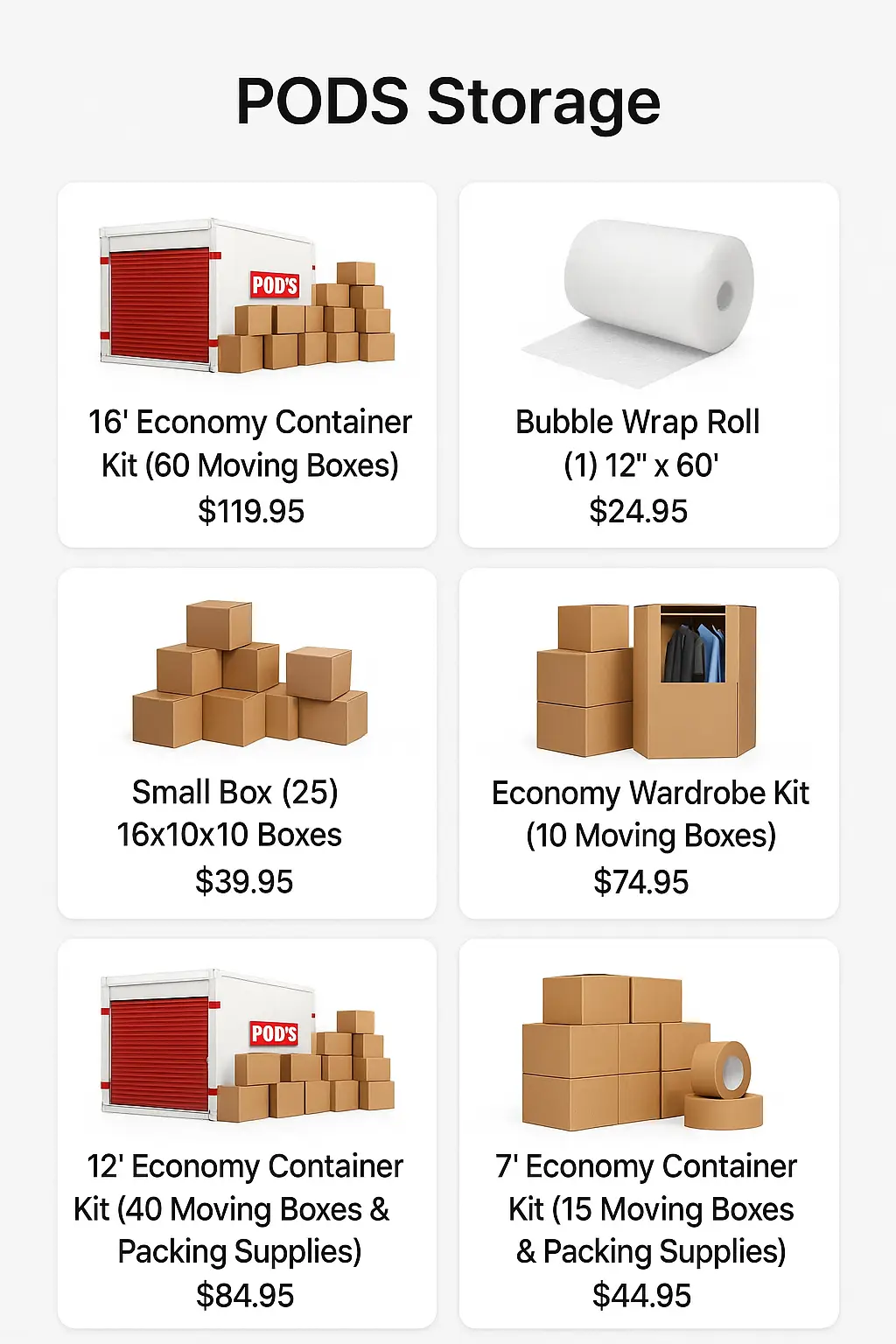 PODS Storage Menu Prices