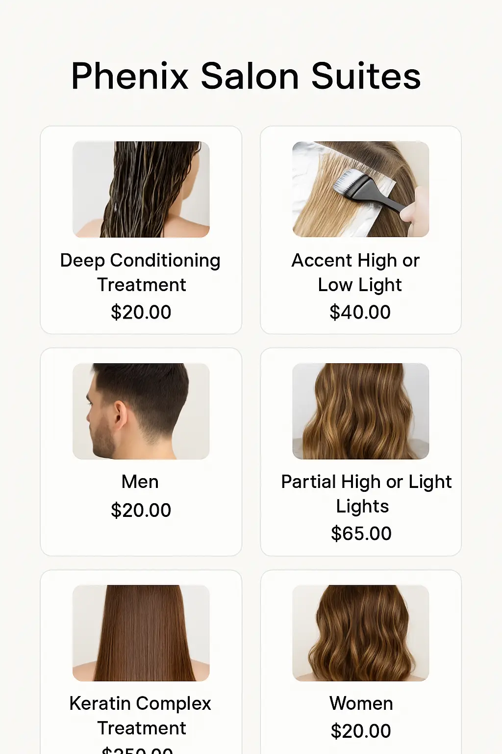 Phenix Salon Suites Menu Prices