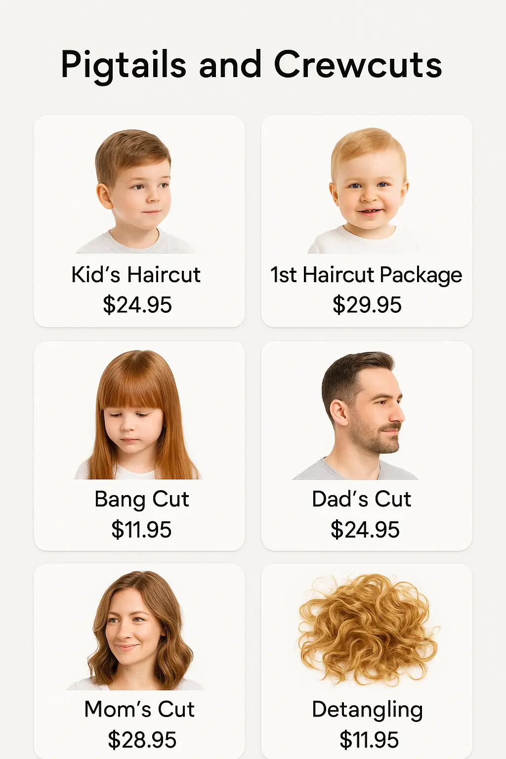 Pigtails and Crewcuts Menu Prices