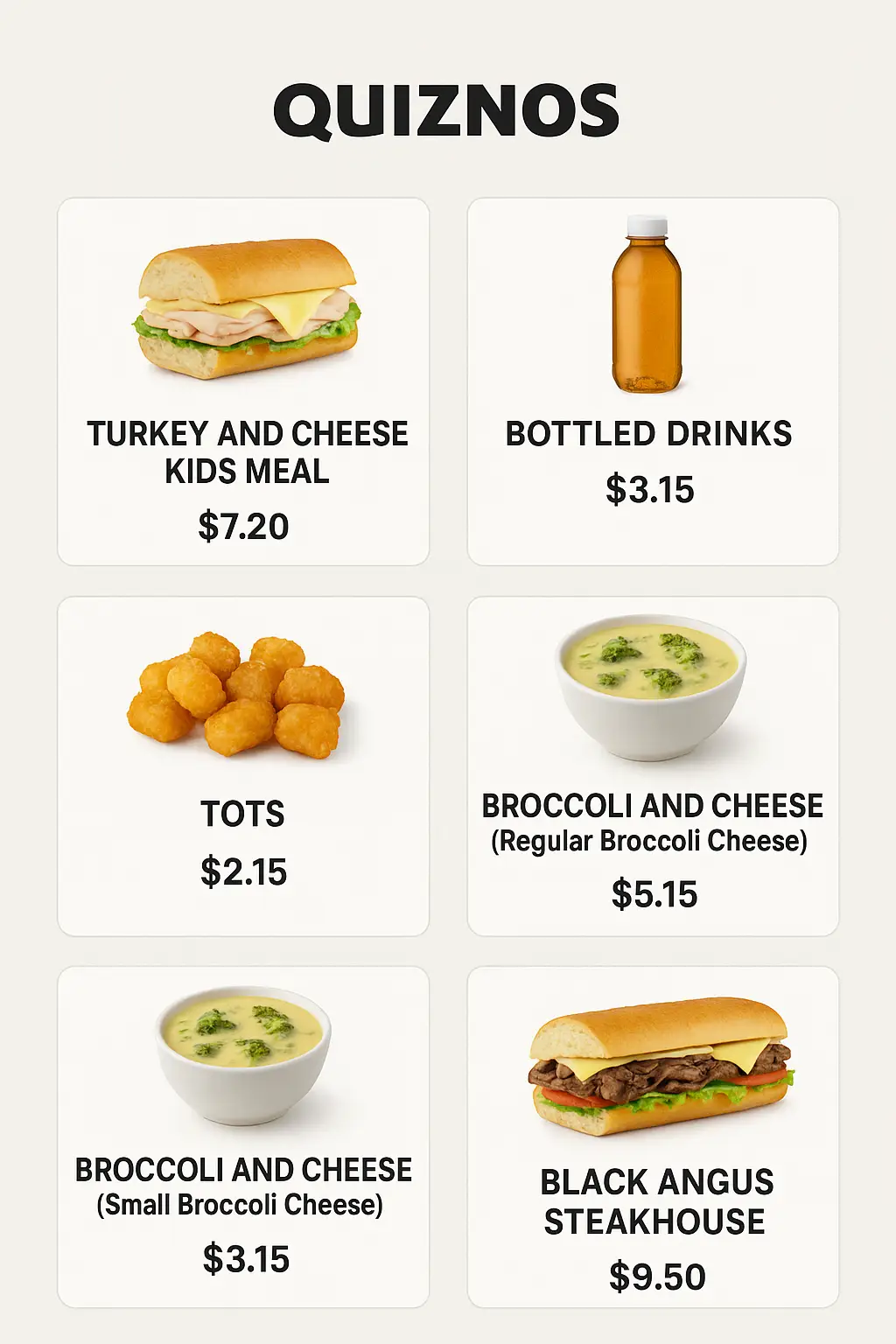 Quiznos Menu Prices
