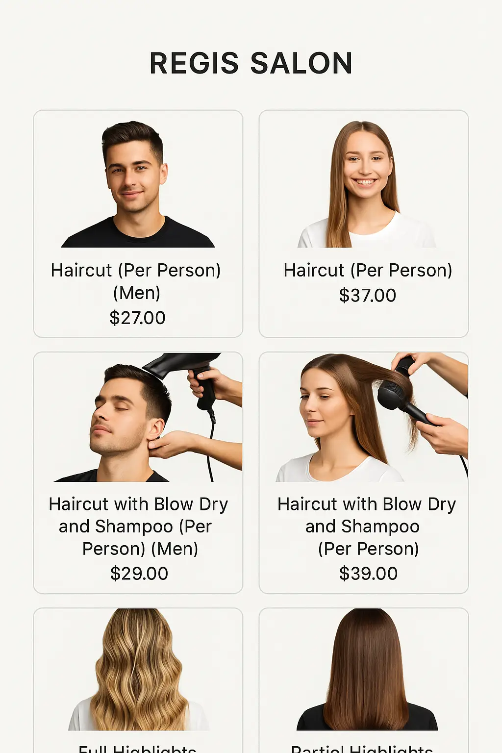 Regis Salon Menu Prices