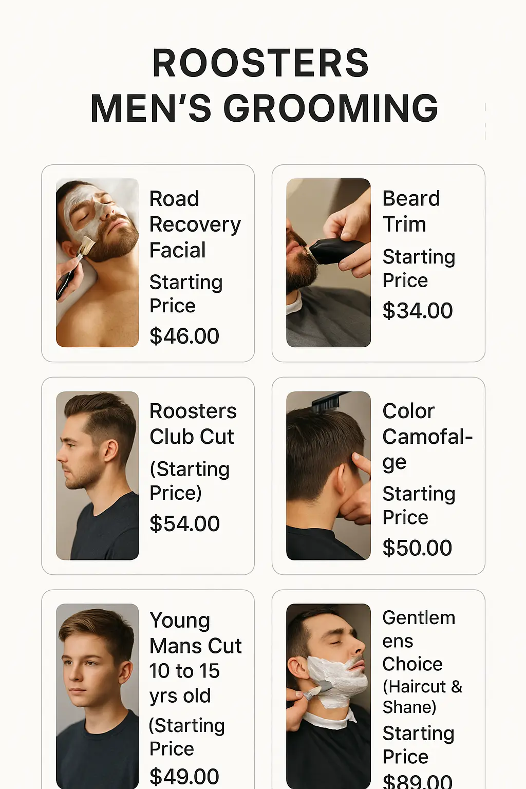 Roosters Men's Grooming Menu Prices
