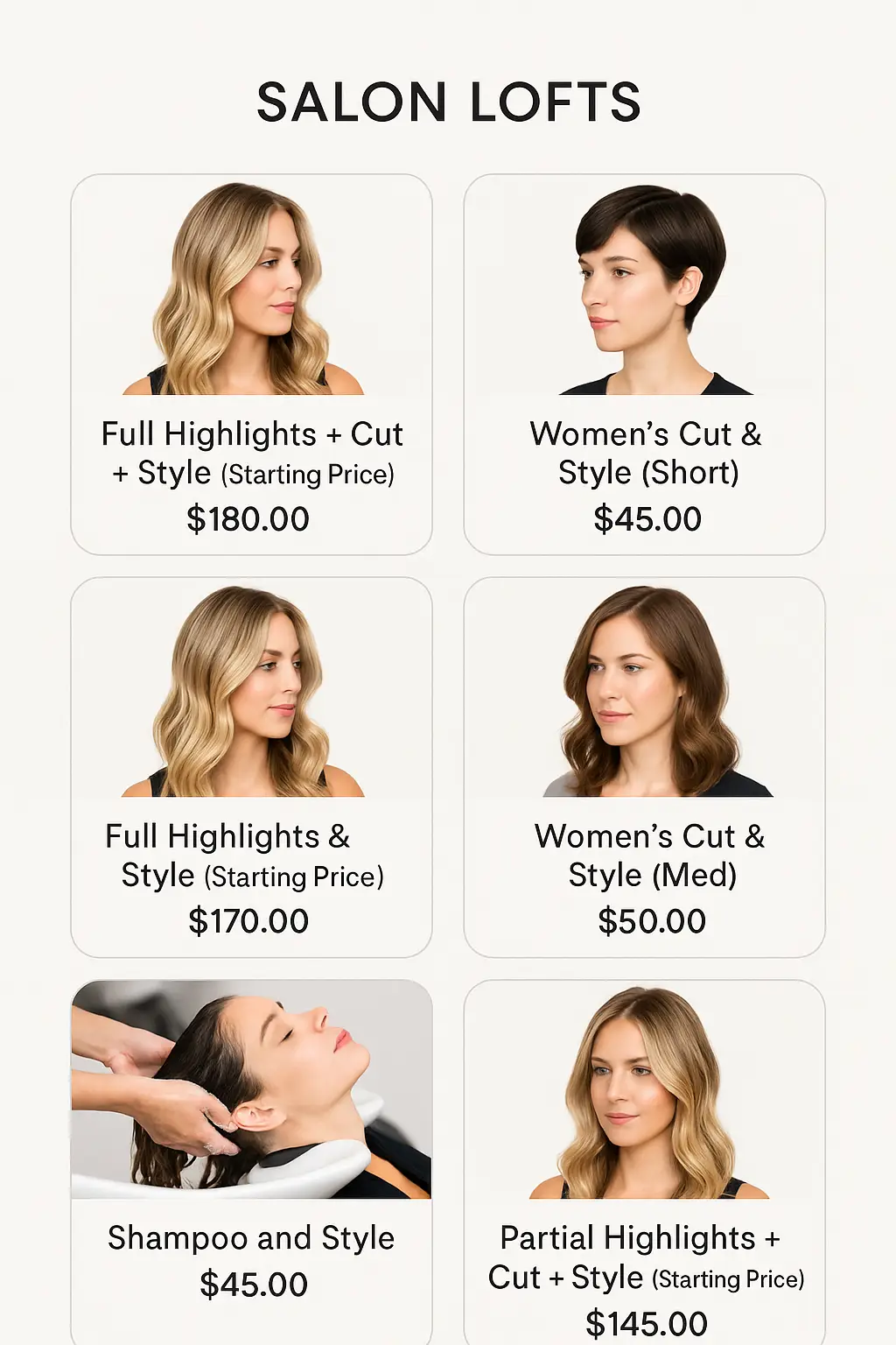 Salon Lofts Menu Prices