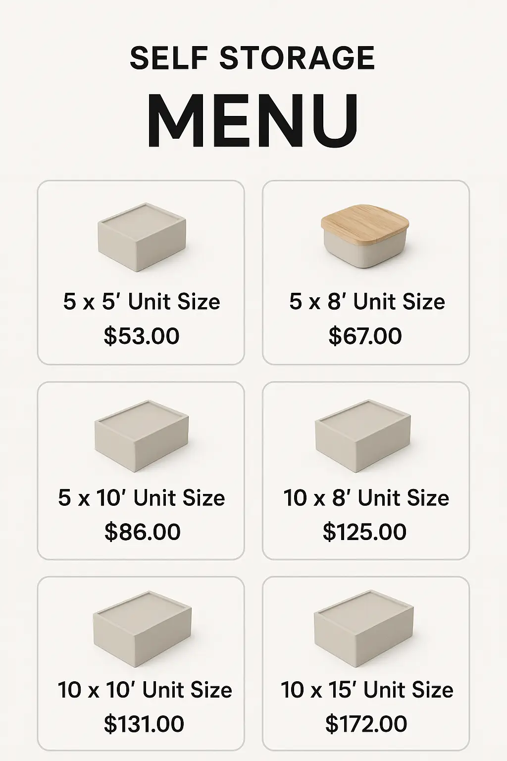 Self Storage Menu Prices