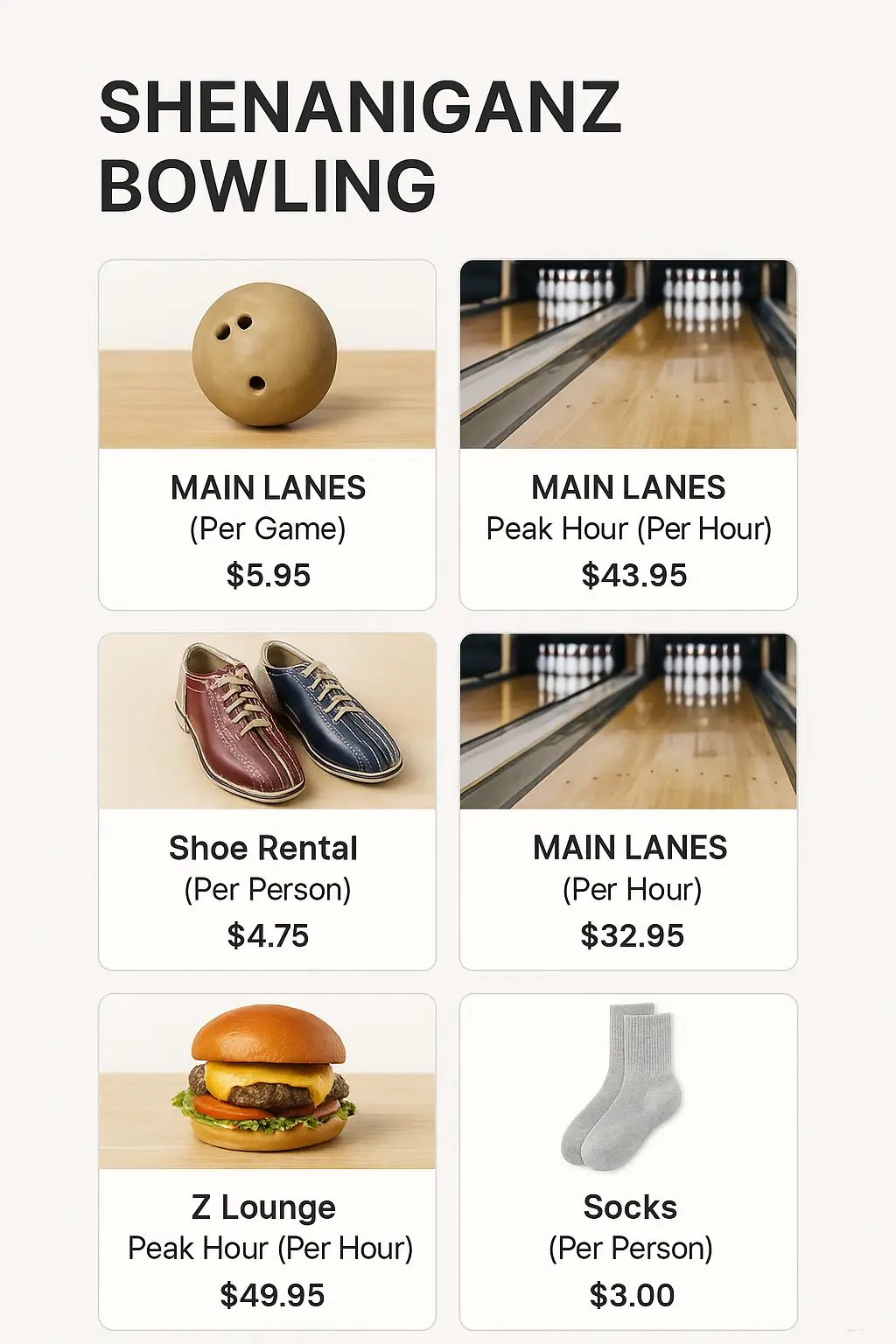 Shenaniganz Bowling Menu Prices