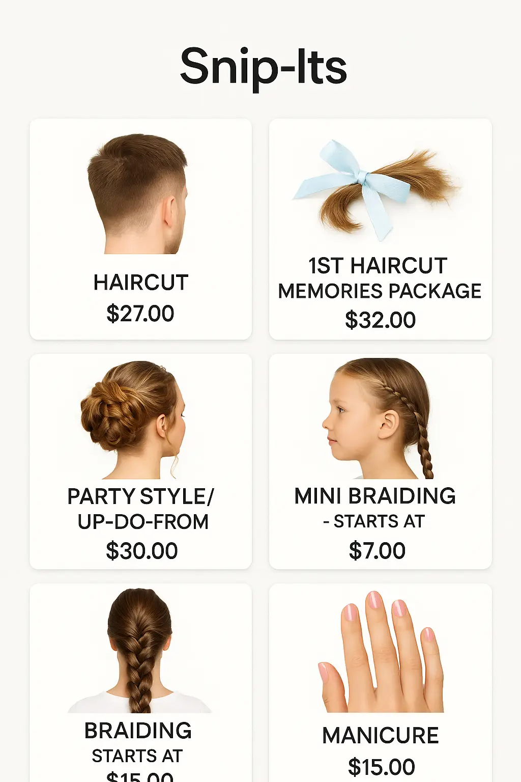Snip-Its Menu Prices