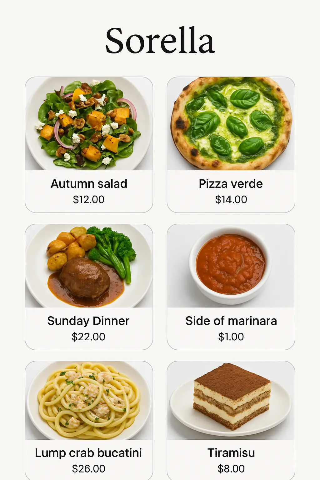 Sorella Menu Prices