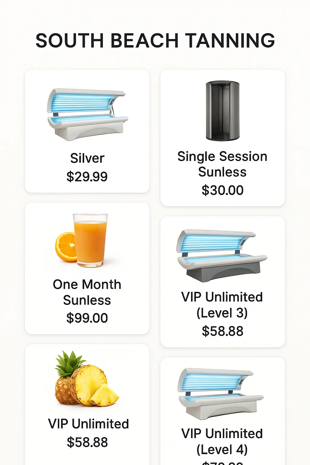 South Beach Tanning Menu Prices