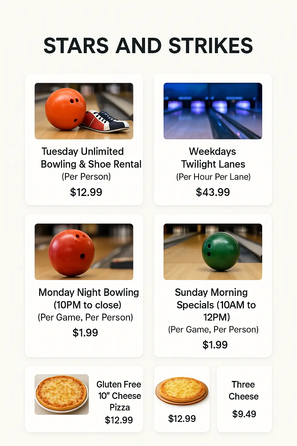 Stars and Strikes Menu Prices