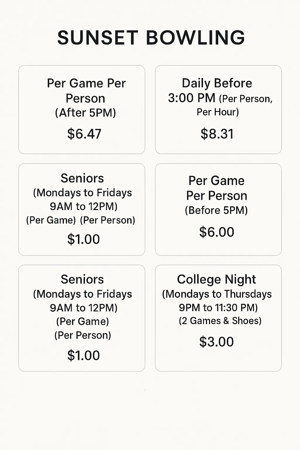 Sunset Bowling Menu Prices