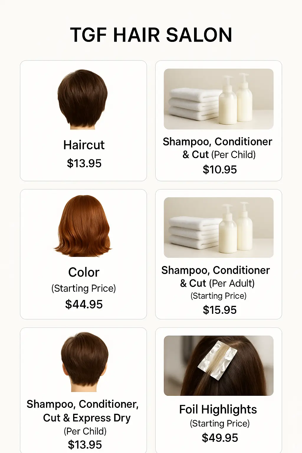 TGF Hair Salon Menu Prices