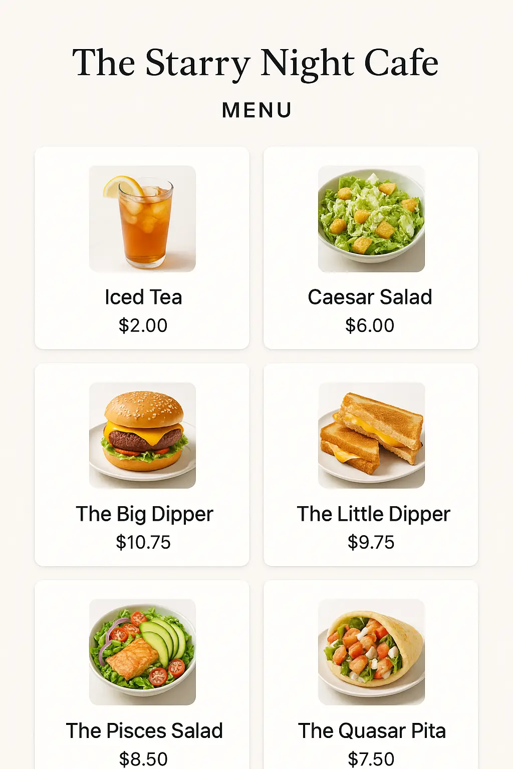 The Starry Night Cafe Menu Prices