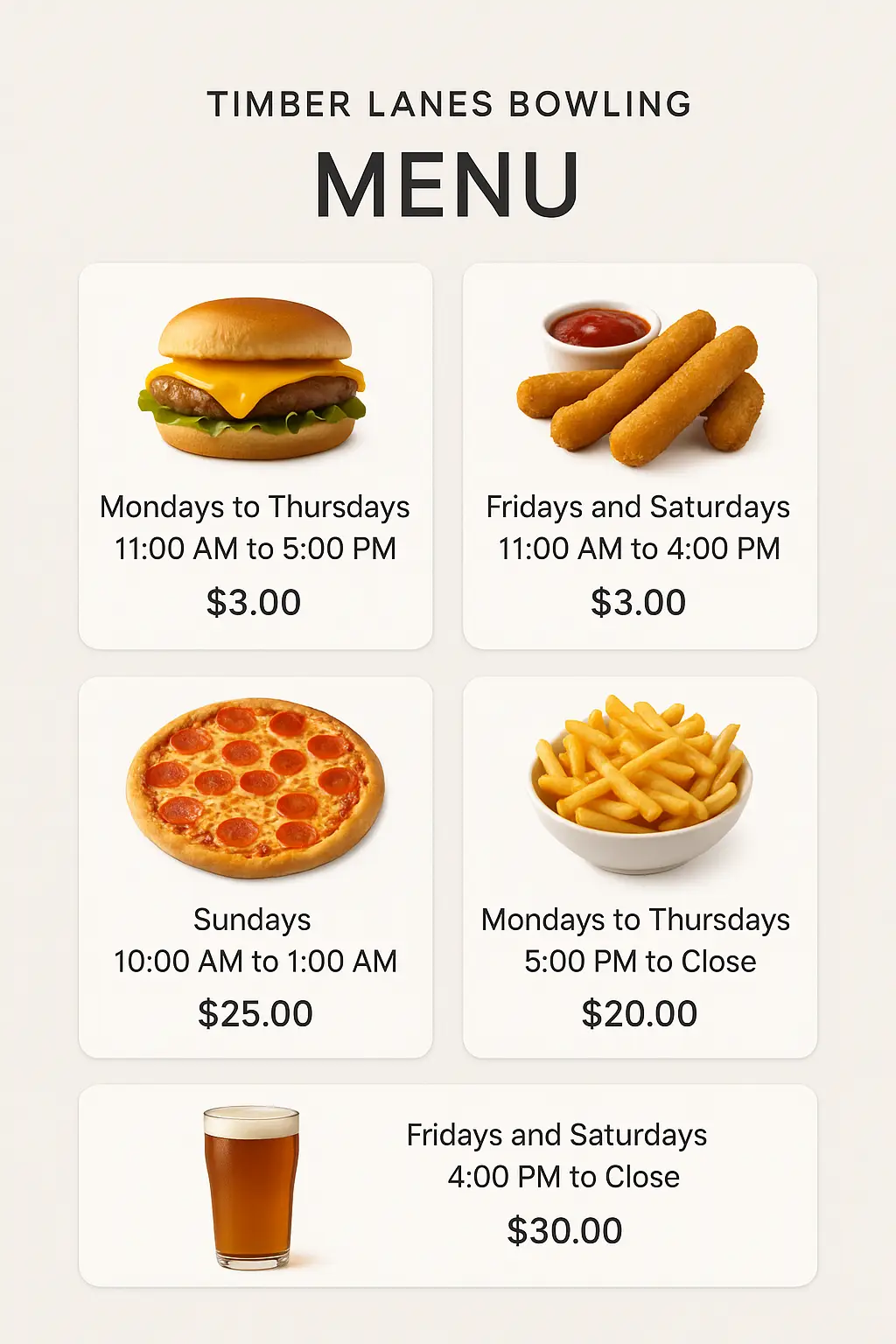Timber Lanes Bowling Menu Prices