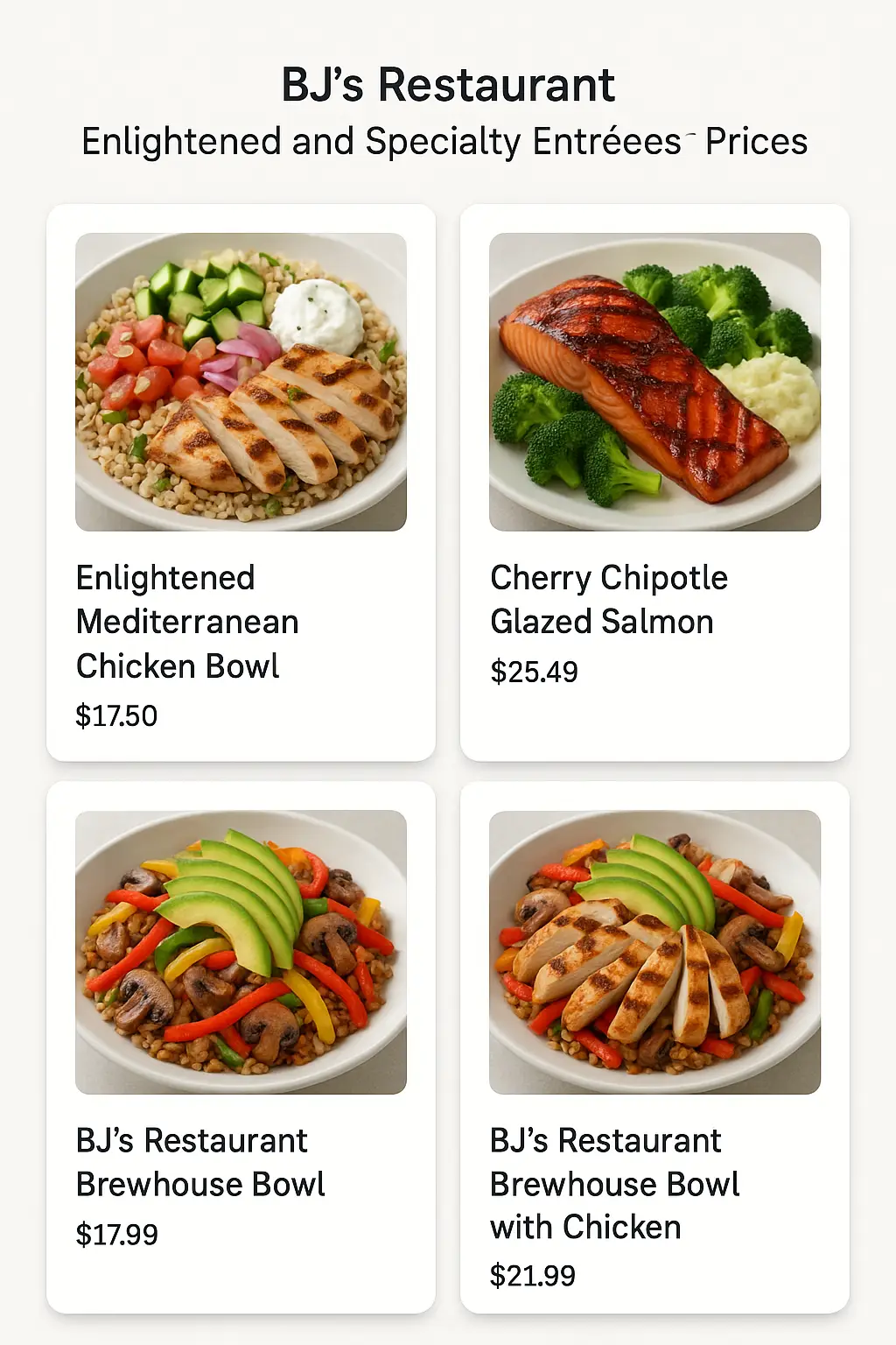 BJ's Restaurant Enlightened and Specialty Entrées Prices