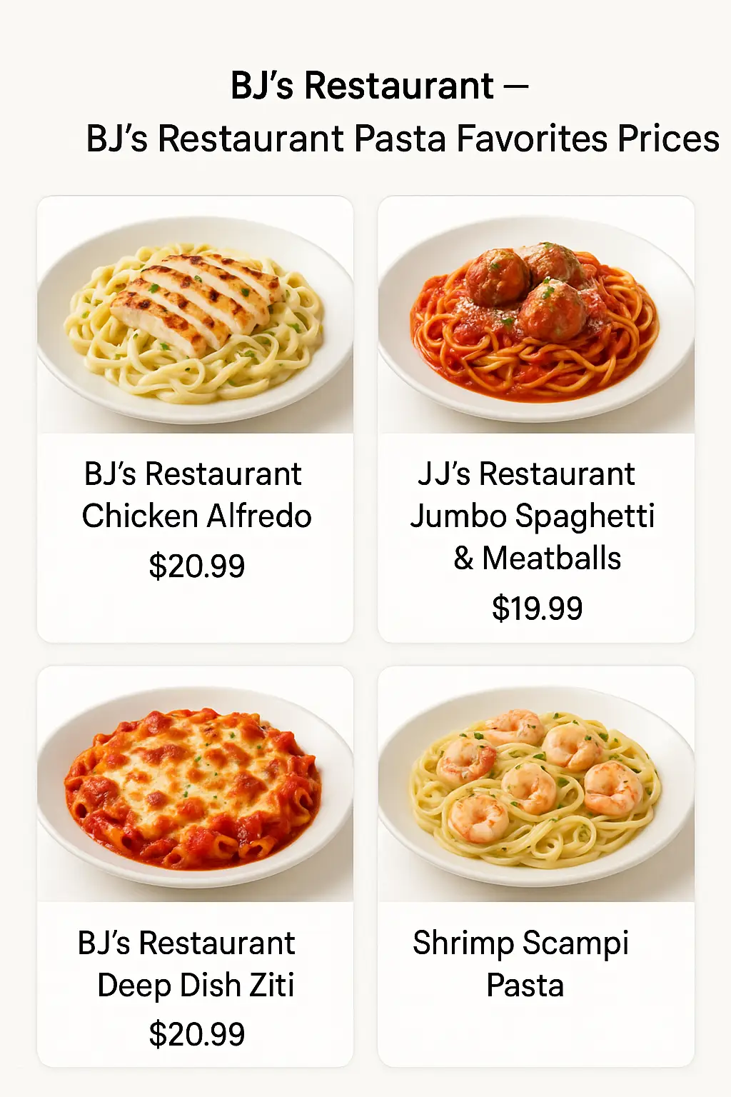BJ's Restaurant Pasta Favorites Prices