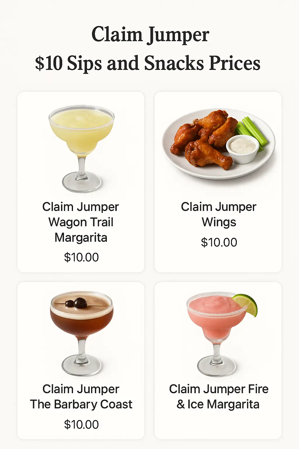 Claim Jumper $10 Sips and Snacks Prices
