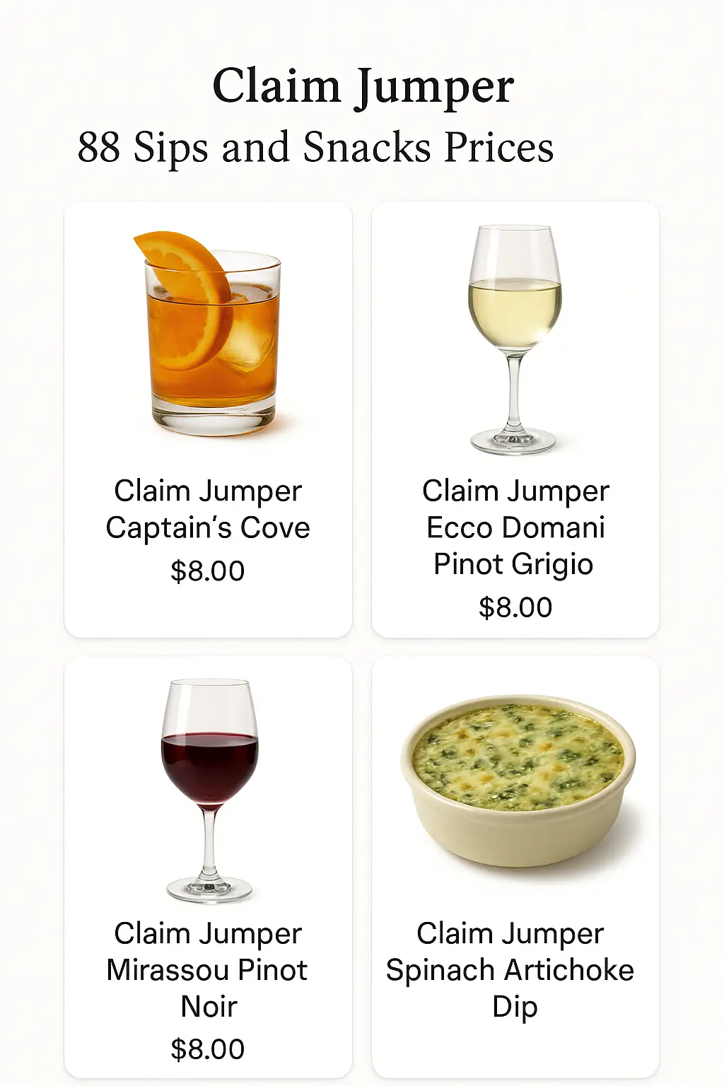 Claim Jumper $8 Sips and Snacks Prices
