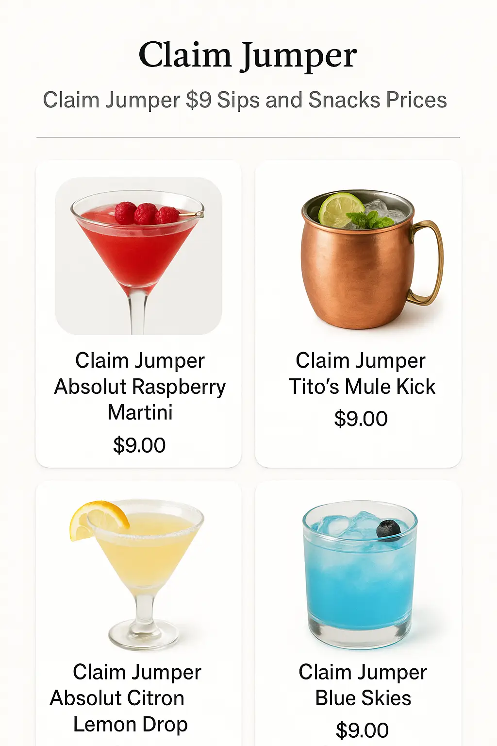 Claim Jumper $9 Sips and Snacks Prices