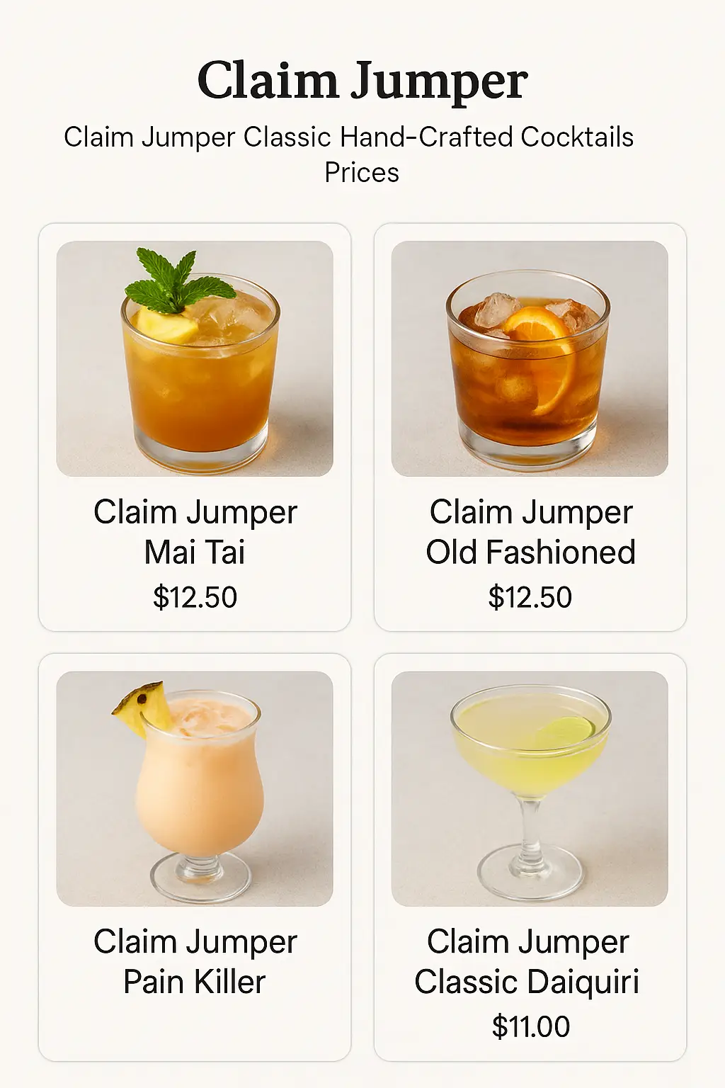 Claim Jumper Classic Hand-Crafted Cocktails Prices