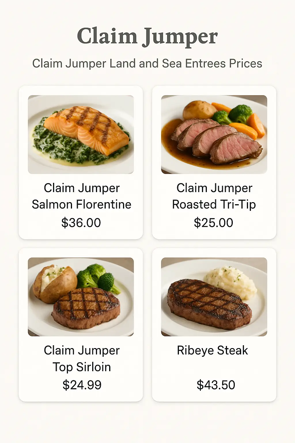 Claim Jumper Land and Sea Entrees Prices
