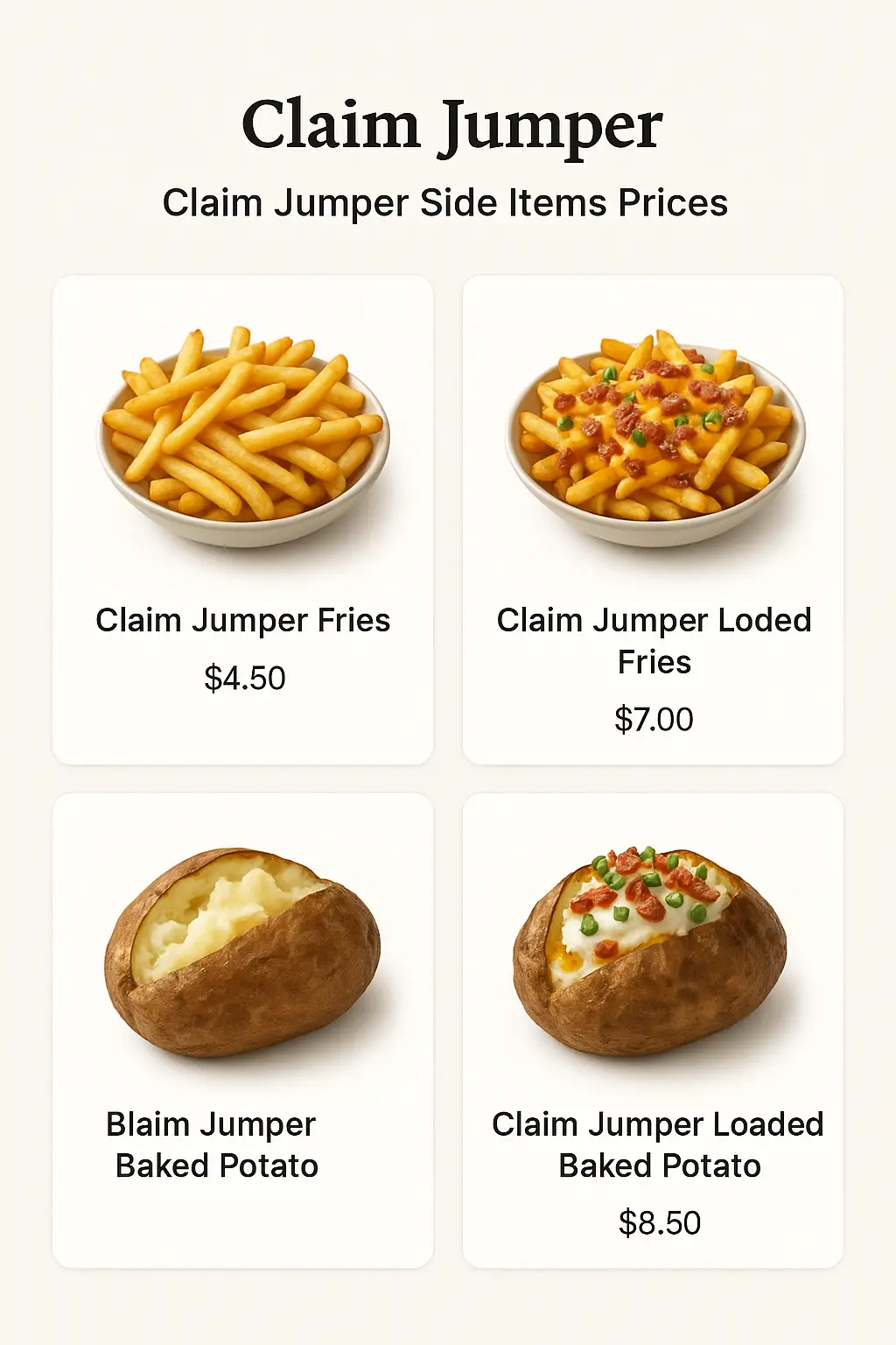 Claim Jumper Side Items Prices