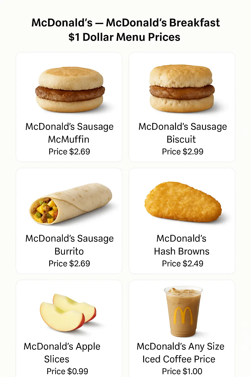 McDonald's Breakfast $1 Dollar Menu Prices