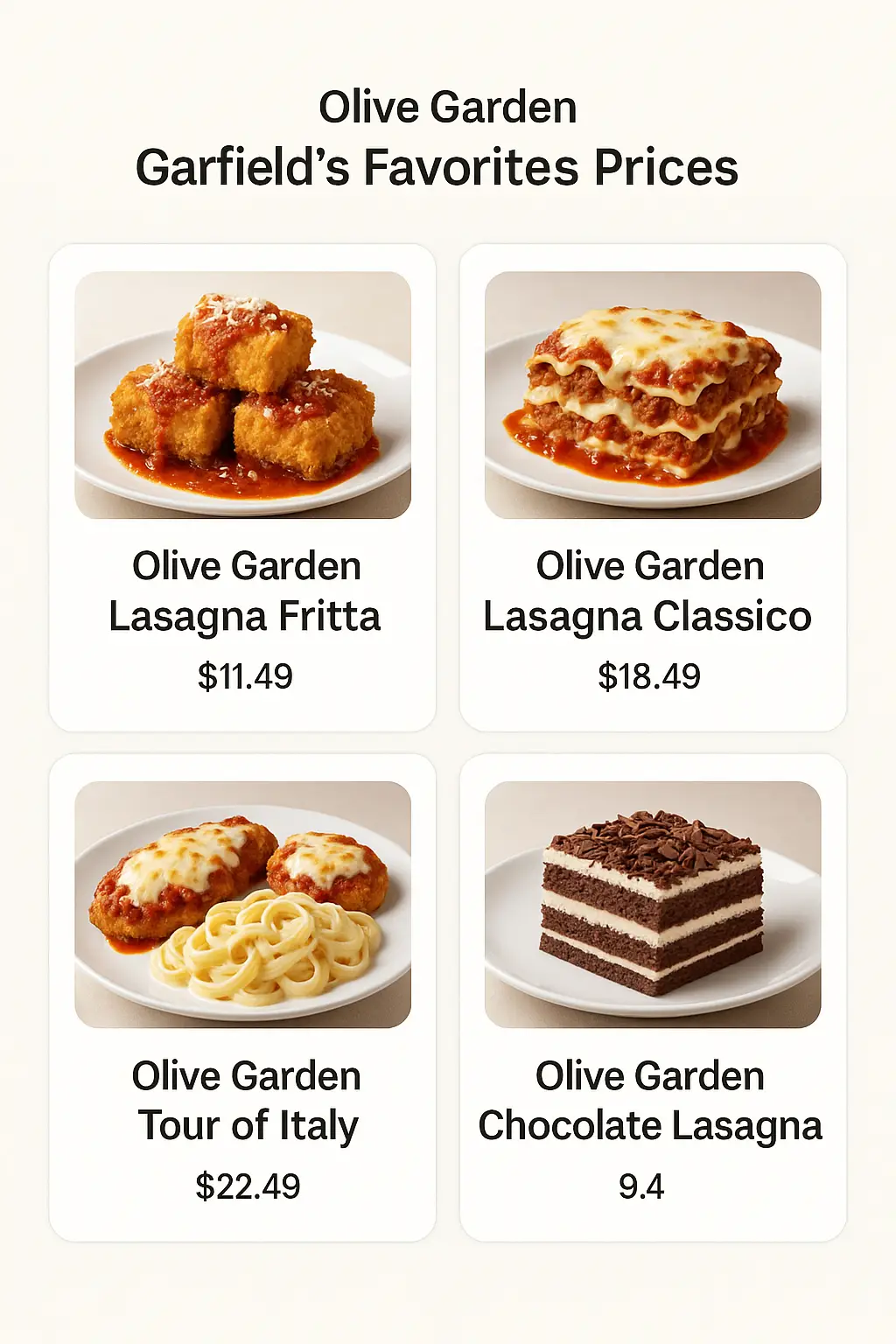 Olive Garden Garfield's Favorites Prices