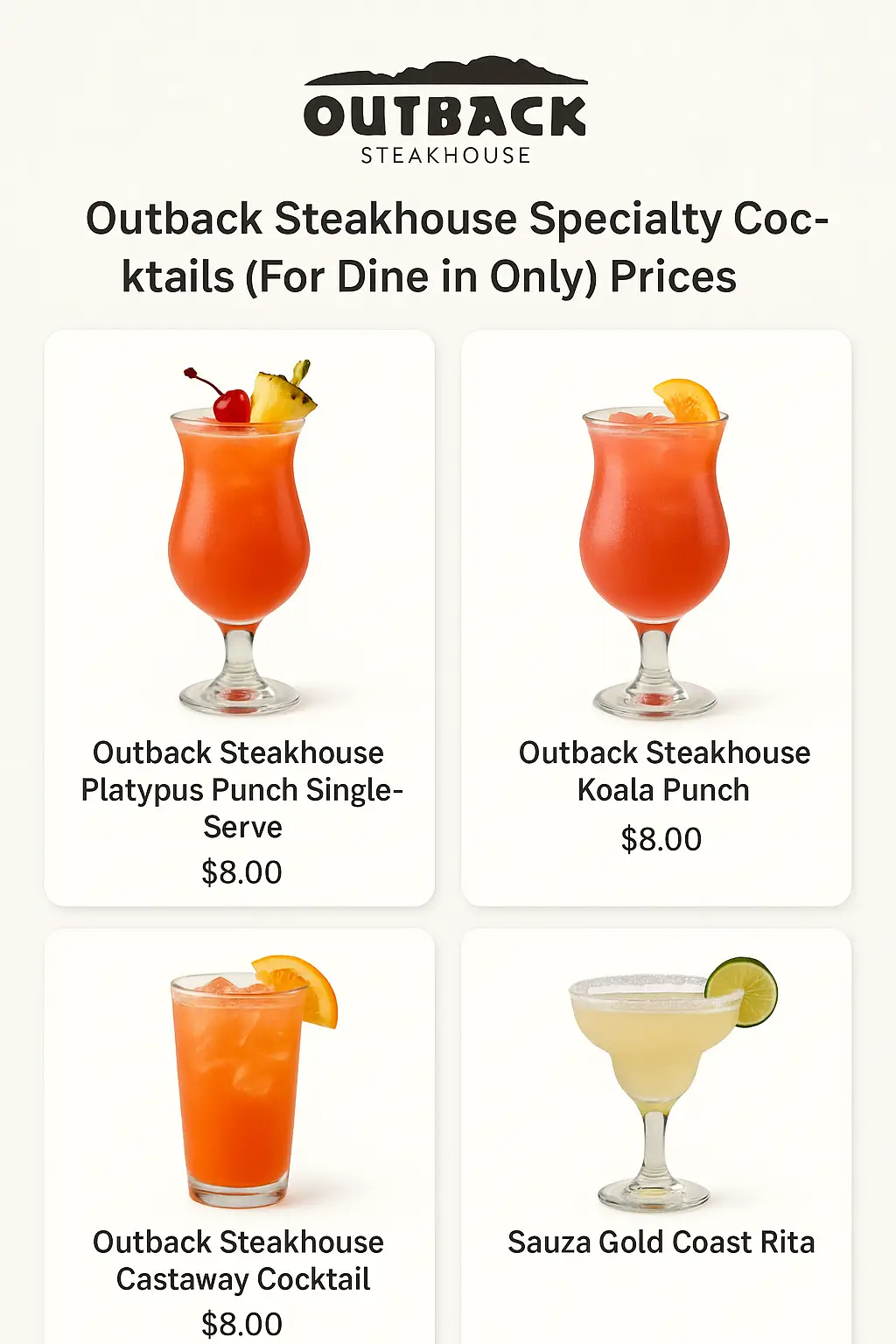 Outback Steakhouse Specialty Cocktails (For Dine in Only) Prices