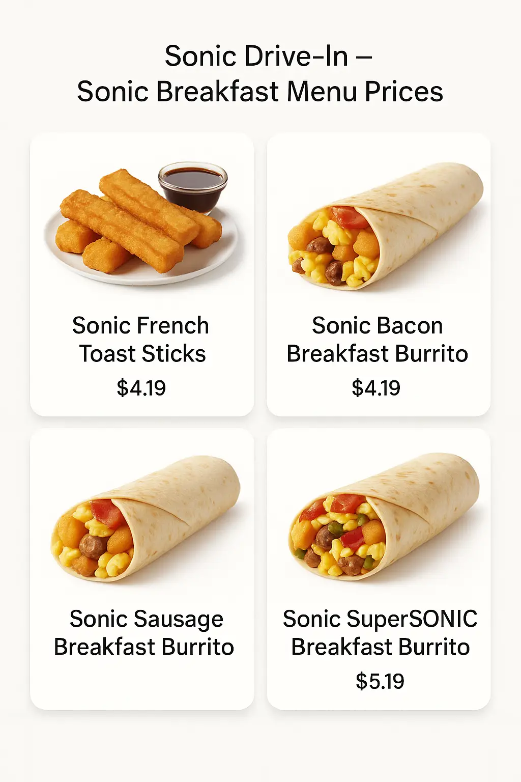 Sonic Breakfast Menu Prices