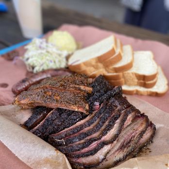 Franklin Barbecue signature dishes Tipsy Texan, Ruby's Dang Pie, Brisket.